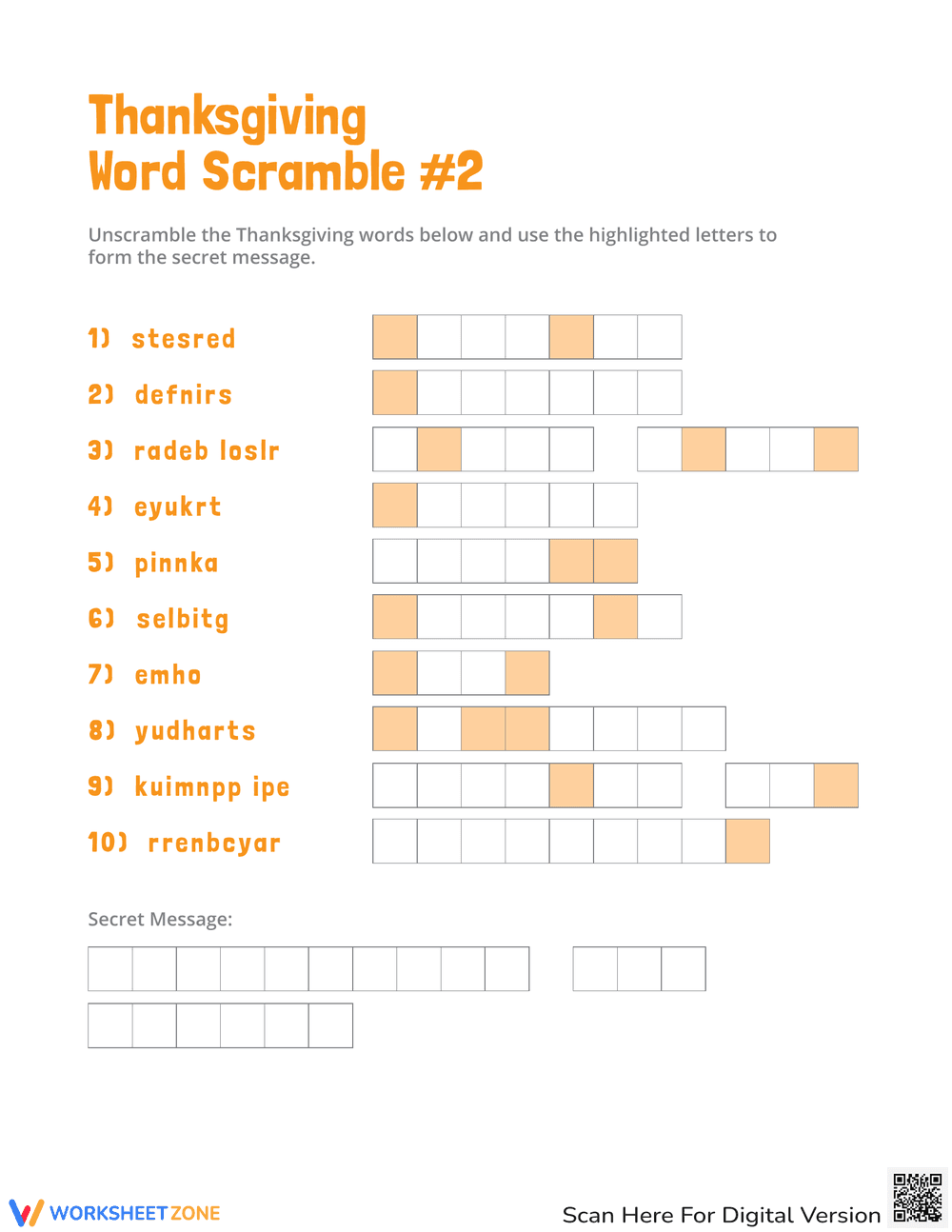 Thanksgiving Word Scramble Worksheet 10 - Page 1