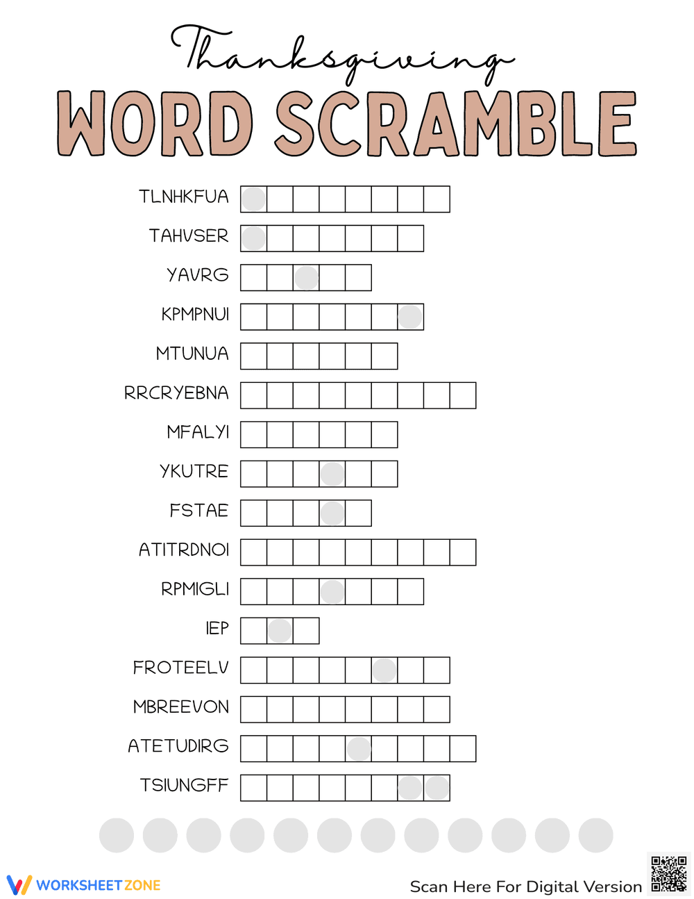 Thanksgiving Word Scramble Worksheet 13 - Page 1