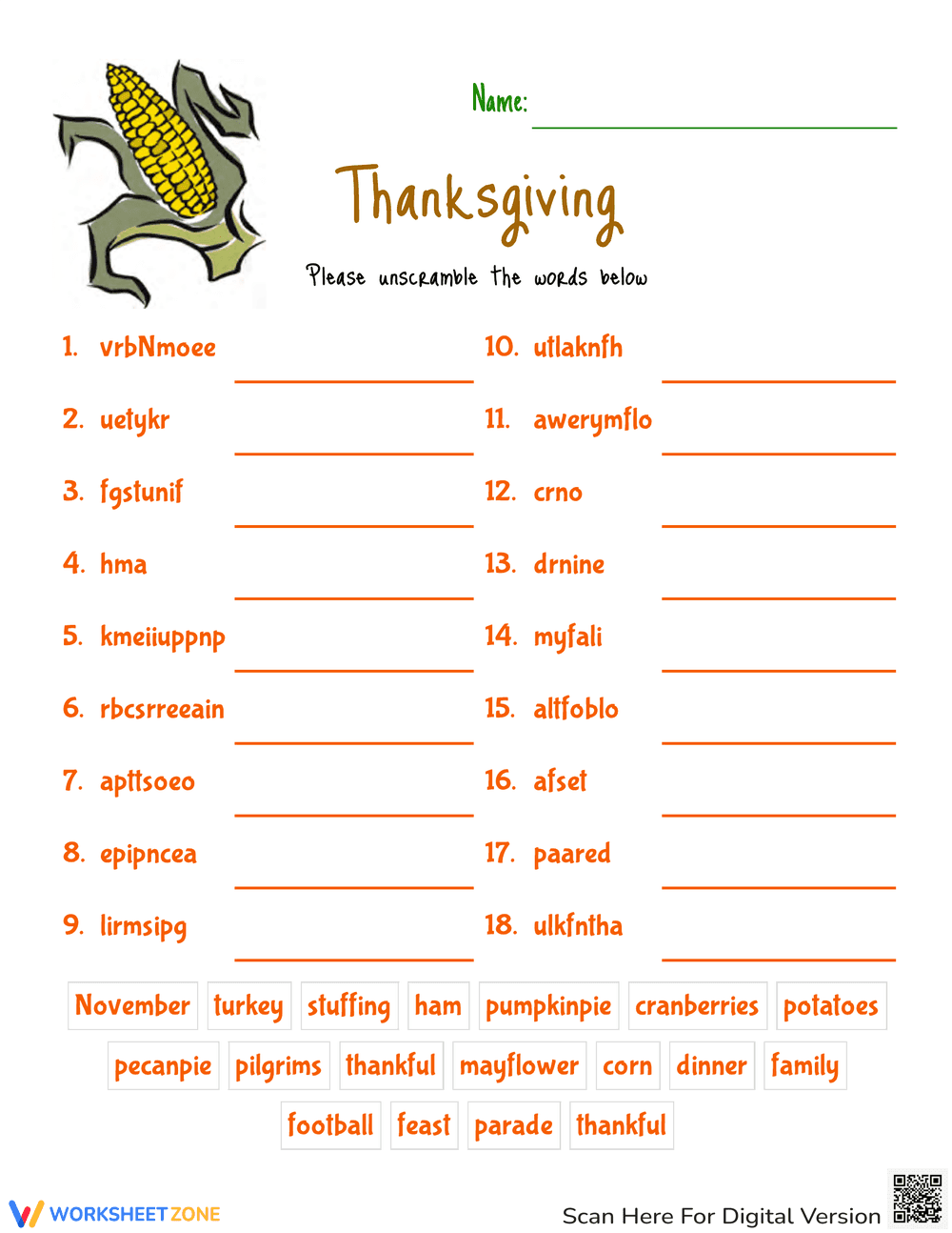 Challenging Thanksgiving Word Scramble Puzzle - Page 1