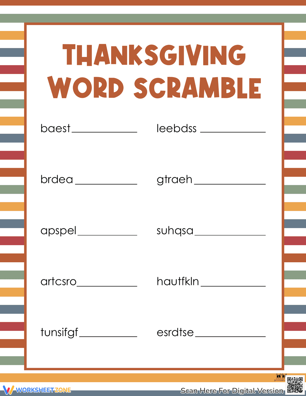 Printable Thanksgiving Word Scramble Game - Page 1