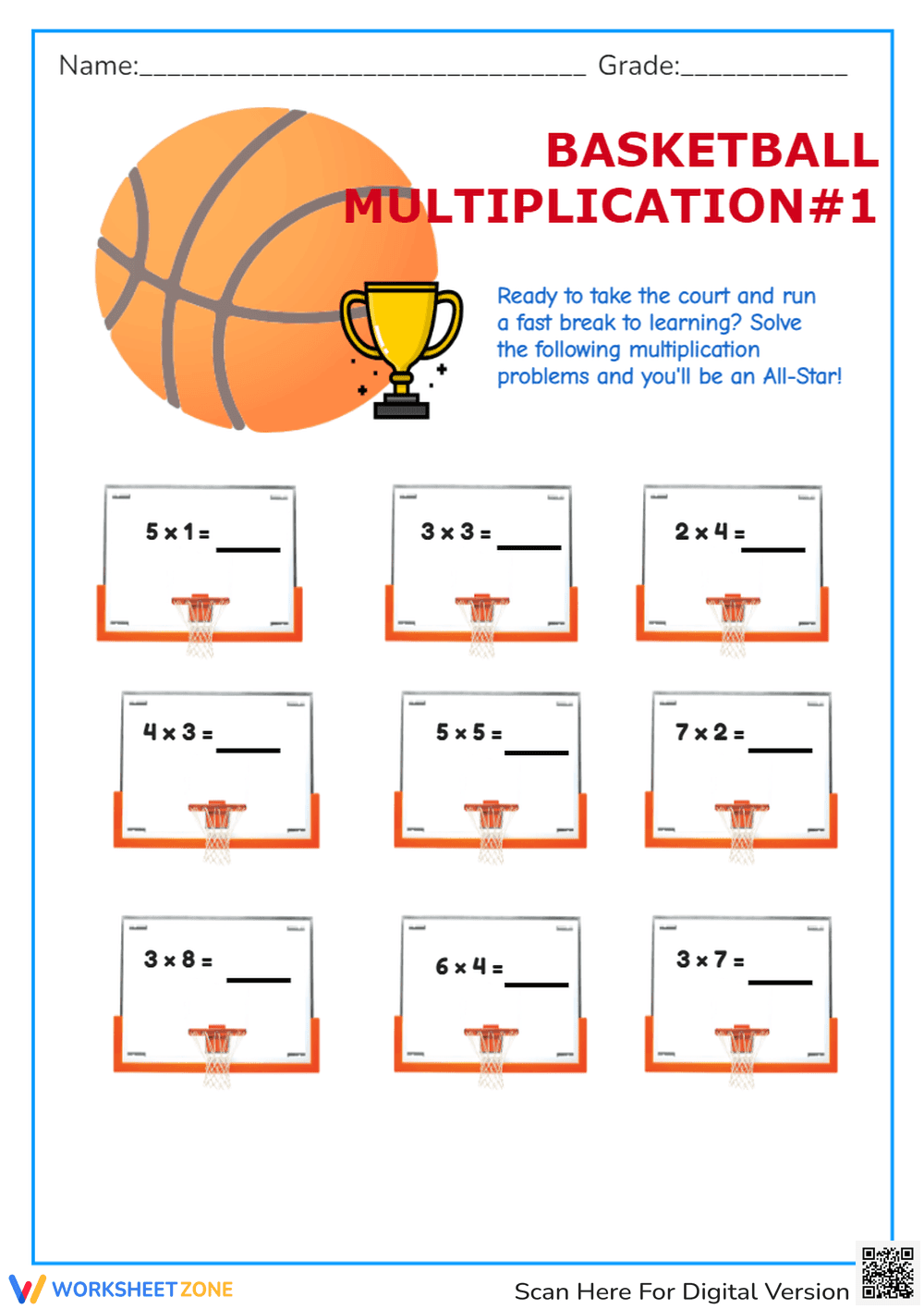 Basketball Multiplication Worksheet - Math Practice for 2nd & 3rd Grade - Page 1