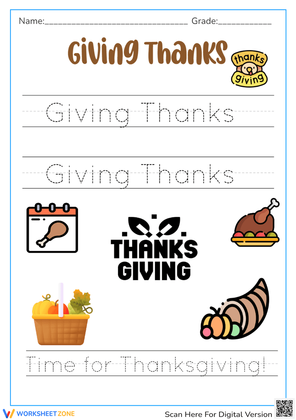 Grade K-1 Thanksgiving Writing — Printable No-Prep Worksheet - Page 1