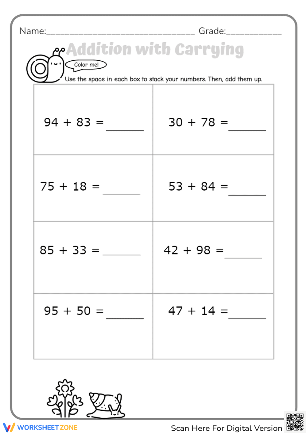 Snail-Themed Addition with Carrying Worksheet - Grades 2-3 - Page 1