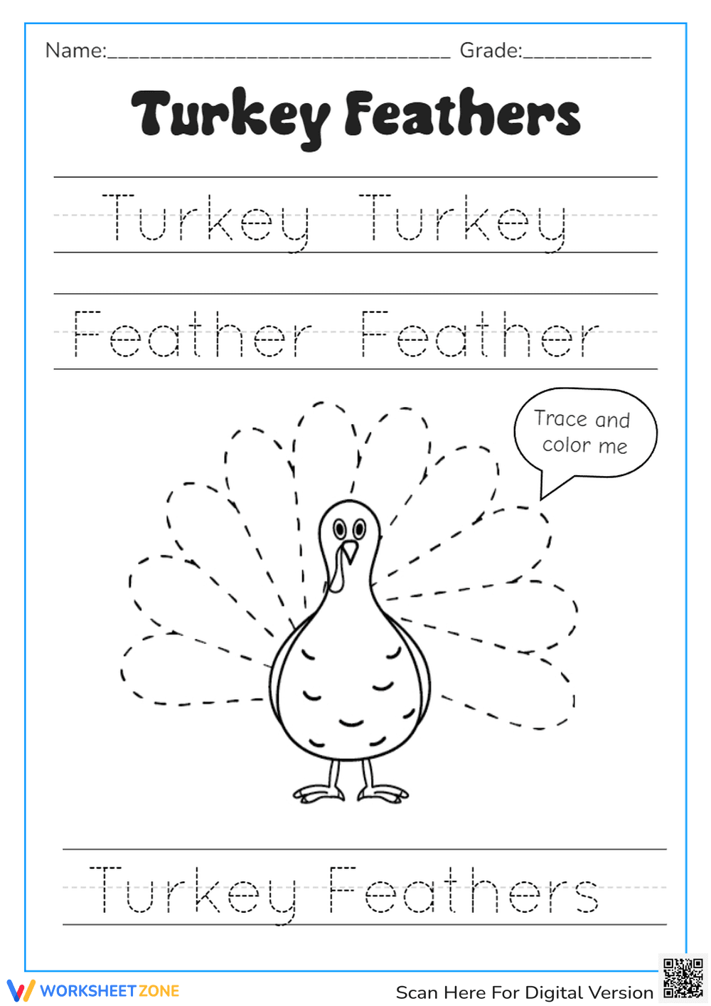 Trace and Color the Turkey Feathers Worksheet - Page 1