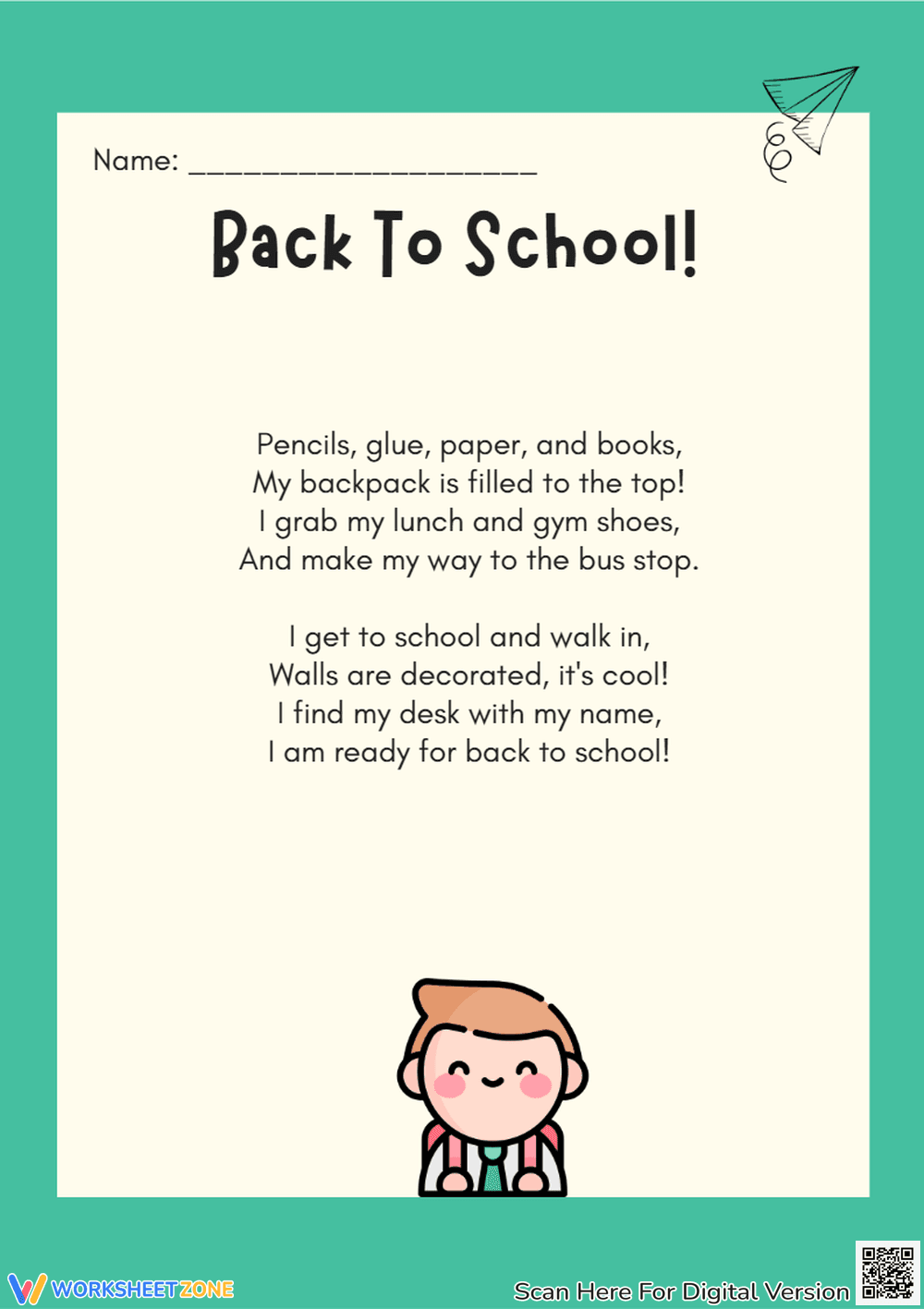 Back to School Poem Worksheet - K-2 Reading & Rhyme Fun! - Page 1