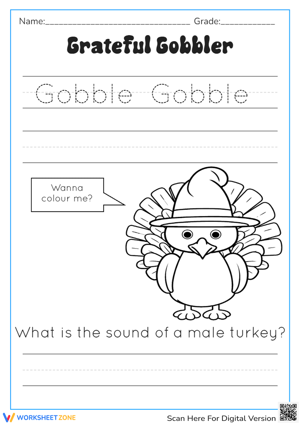 Thanksgiving Turkey Trace & Color - 'Gobble Gobble' Handwriting Fun - Page 1