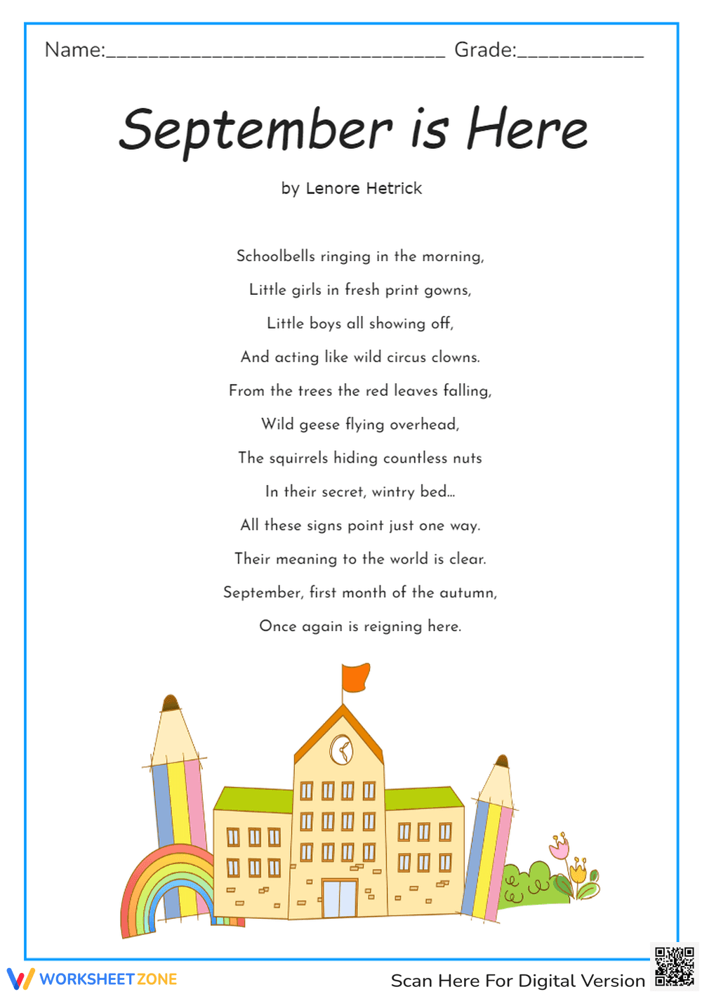 September is Here' Poem - Back to School Reading Worksheet (Gr. 1-3) - Page 1