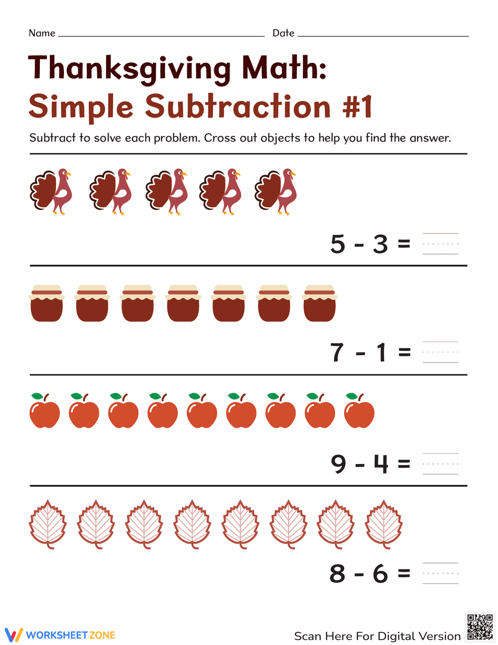 Printable Thanksgiving Subtraction Worksheet | Grade K-1 - Page 1