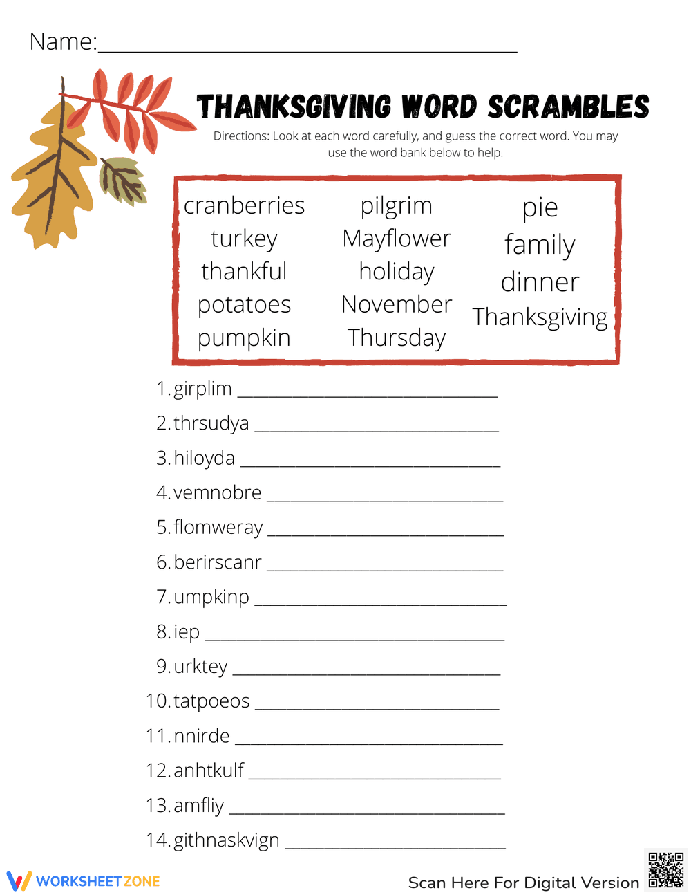 Festive Thanksgiving Word Scramble - Page 1