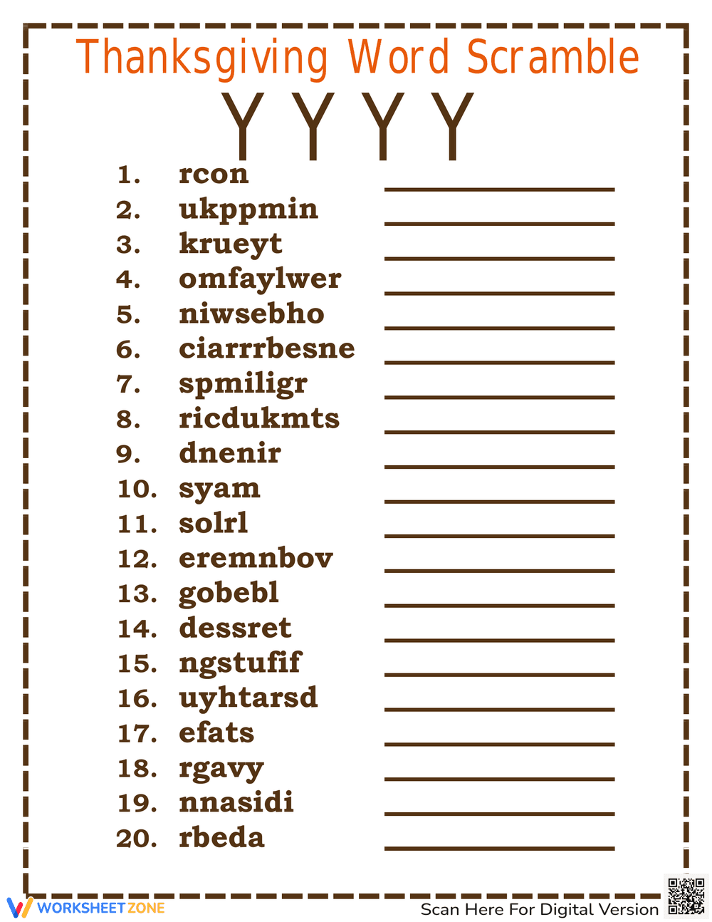 Thanksgiving Word Scramble Fun - Page 1