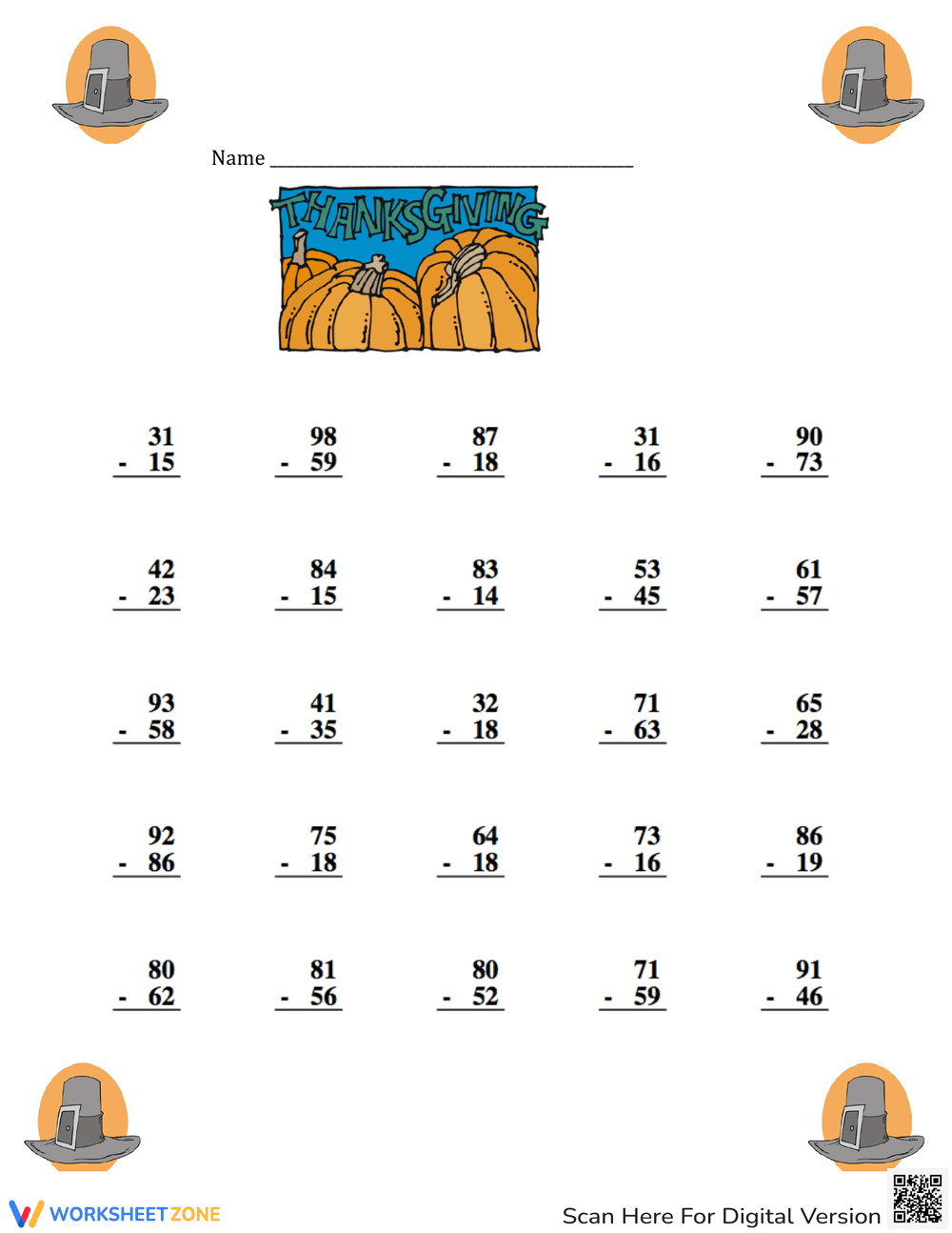 Thanksgiving Subtraction with Regrouping Worksheet - Page 1