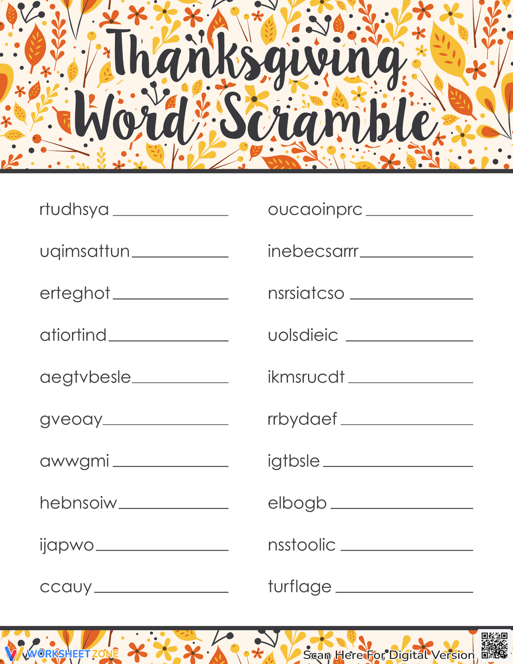 Thanksgiving Word Scramble: Fun Learning - Page 1
