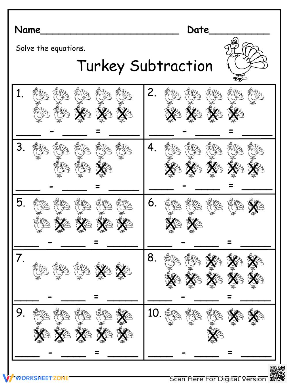 Practice Turkey Subtraction Math Skills - Page 1
