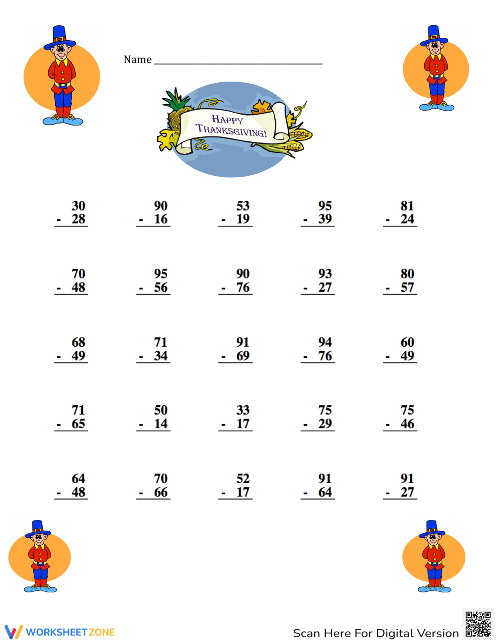 Thanksgiving Subtraction with Regrouping Practice - Page 1