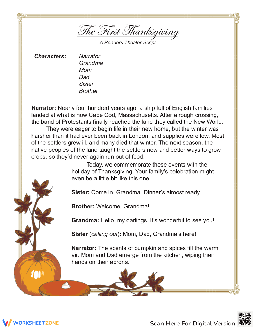 The First Thanksgiving Readers Theater Worksheet - Page 1