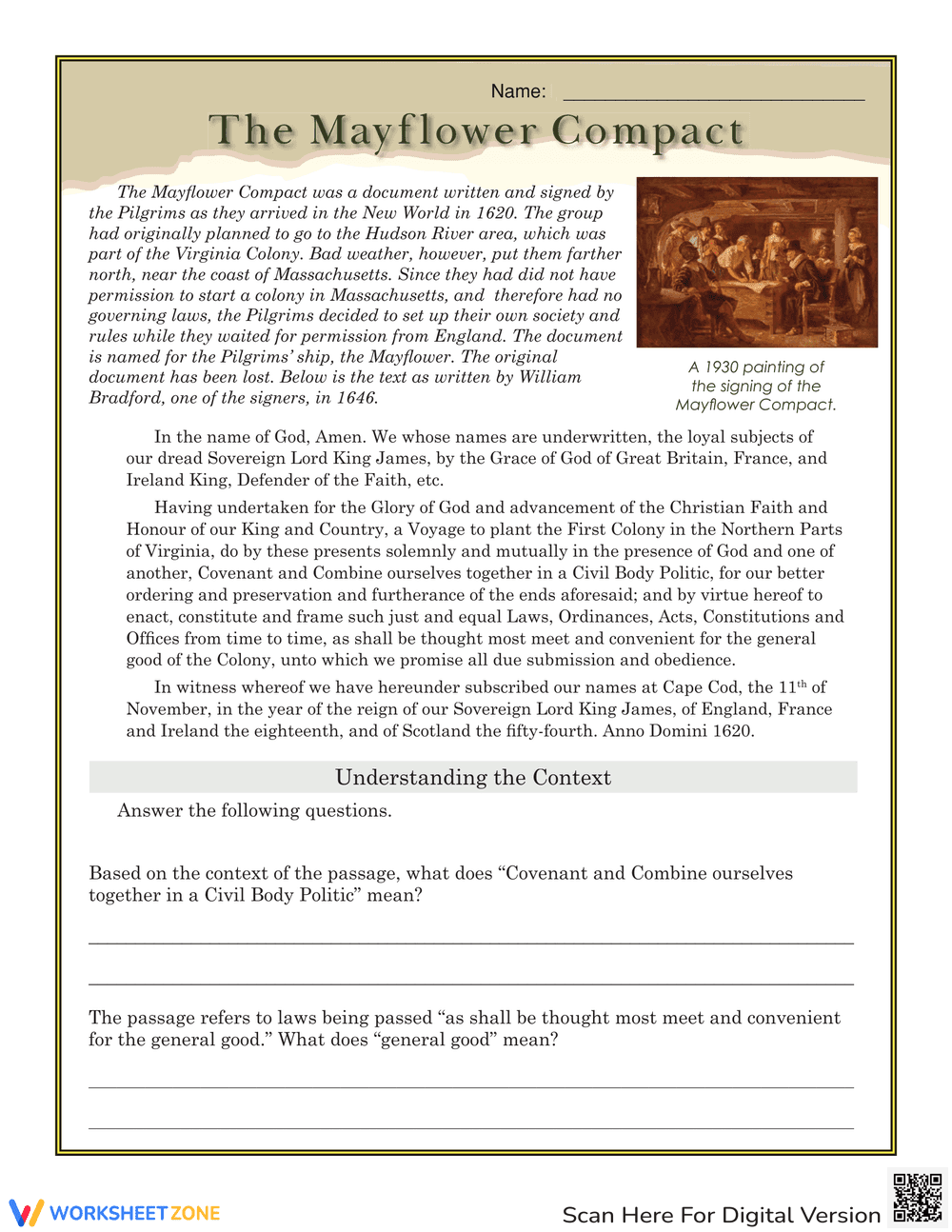 The Mayflower Compact Reading Comprehension - Page 1