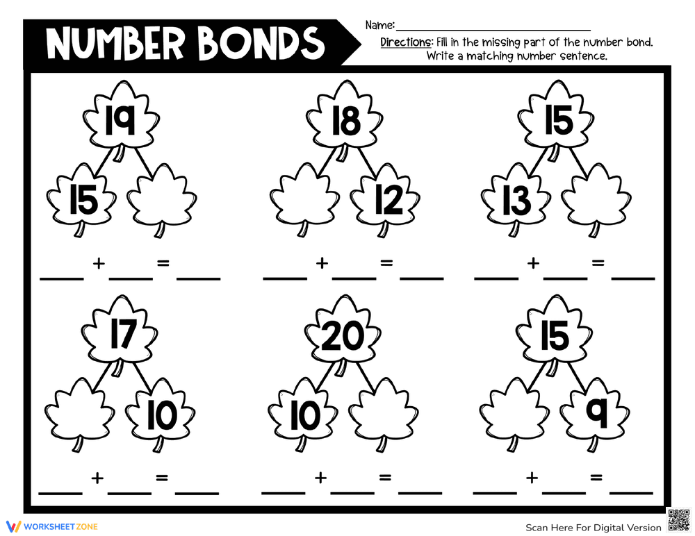 Thanksgiving Math with Number Bond Worksheet - Page 1
