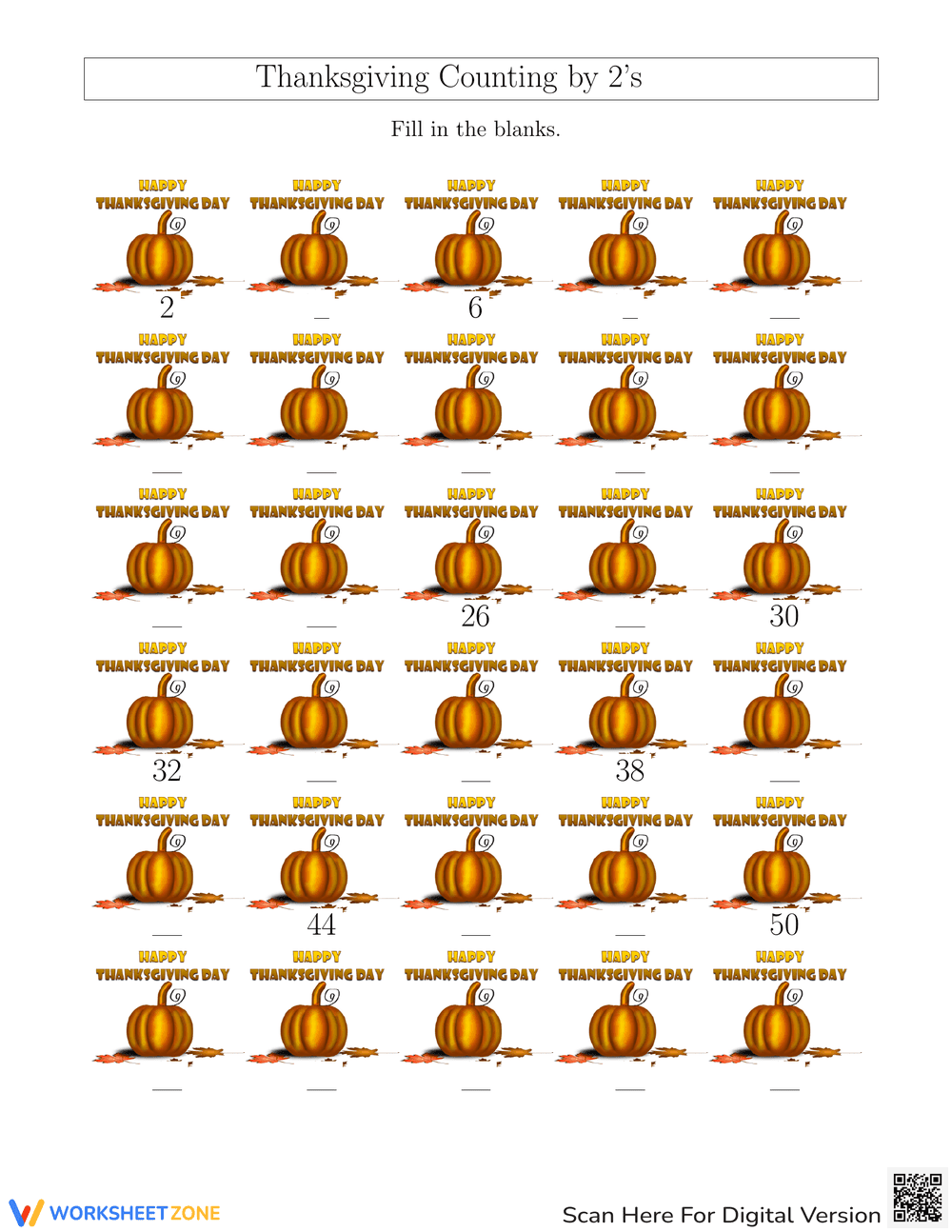 Practice Skip Counting by 2s with Thanksgiving Theme - Page 1