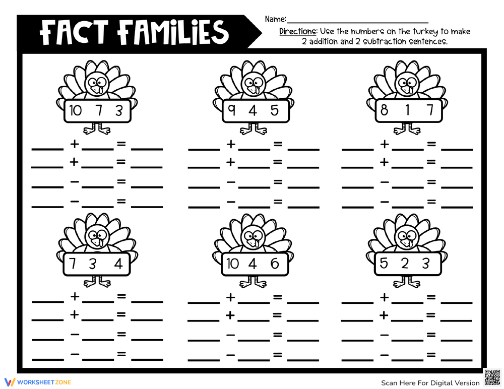 Thanksgiving Math Fact Families Worksheet - Page 1
