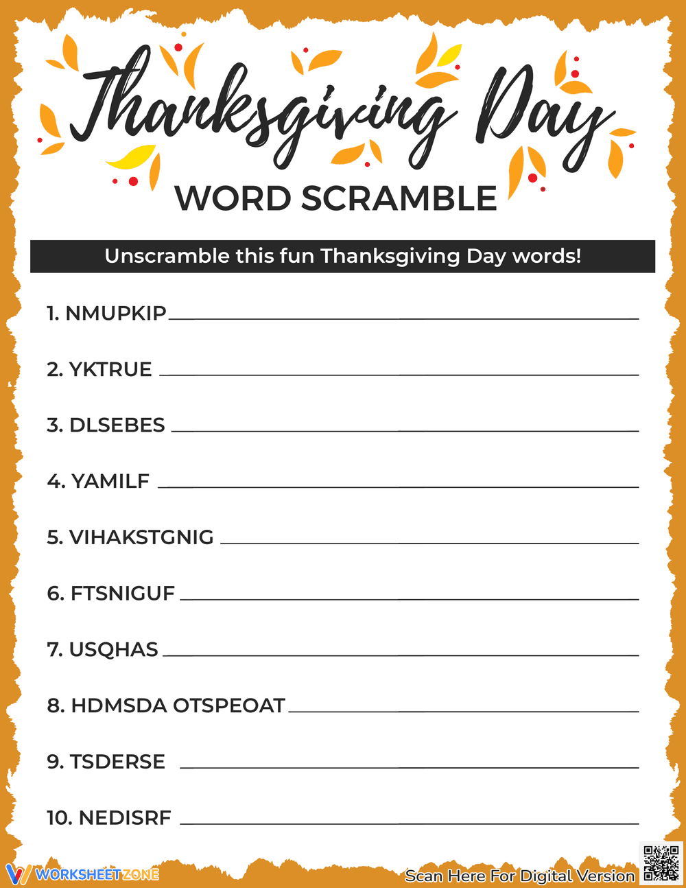 Solve Puzzles with Thanksgiving Word Scramble - Page 1
