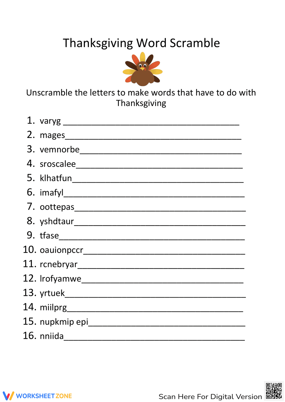 Thanksgiving Word Scramble for Older Kids - Page 1