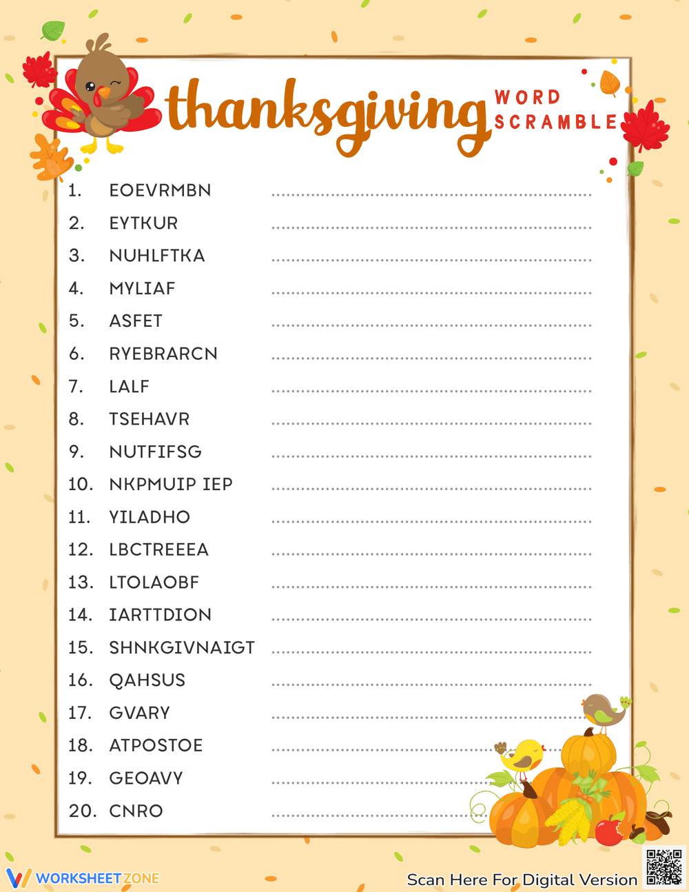 Fun Thanksgiving Word Scramble Printable Worksheet - Page 1