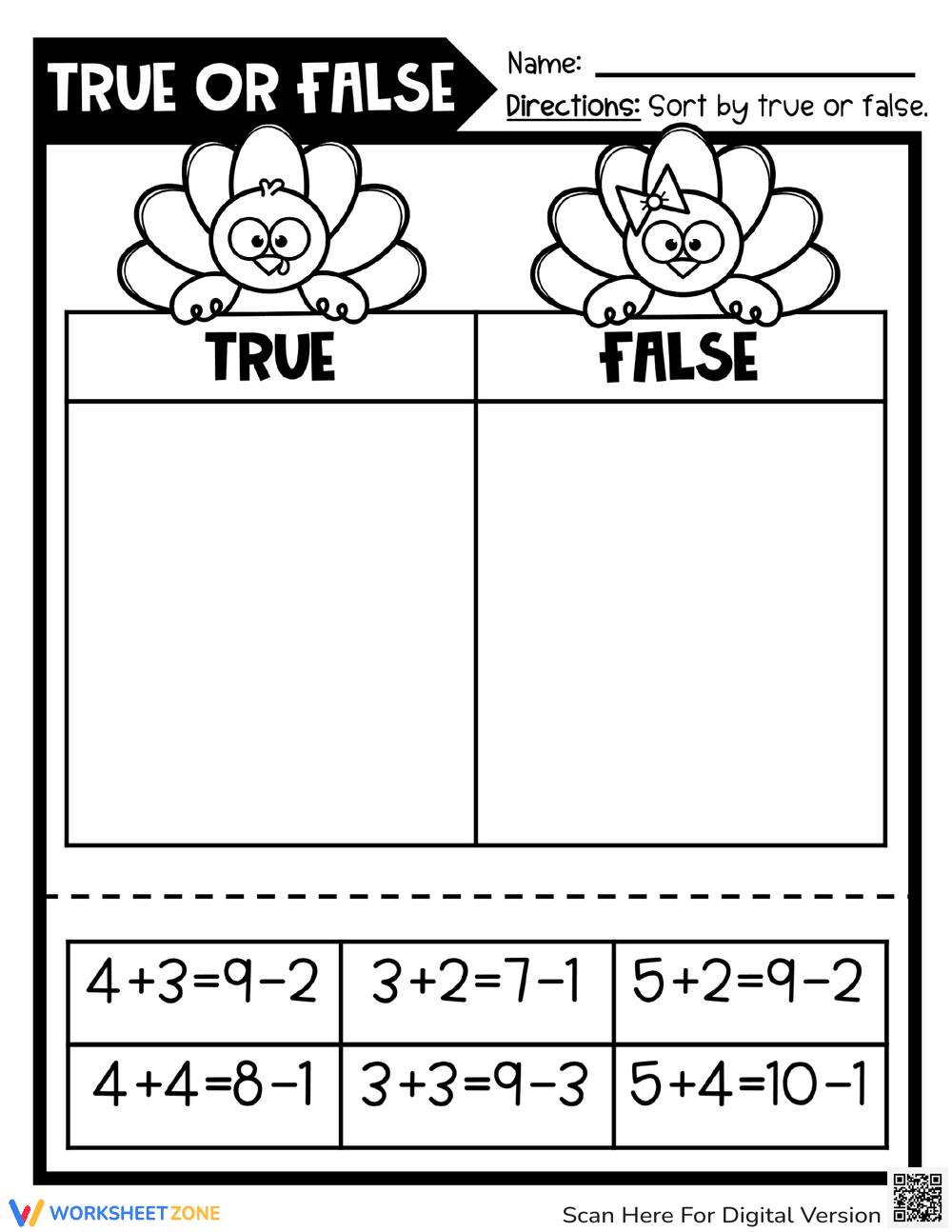 Thanksgiving Math True or False Worksheet | Grade 1 Ready - Page 1