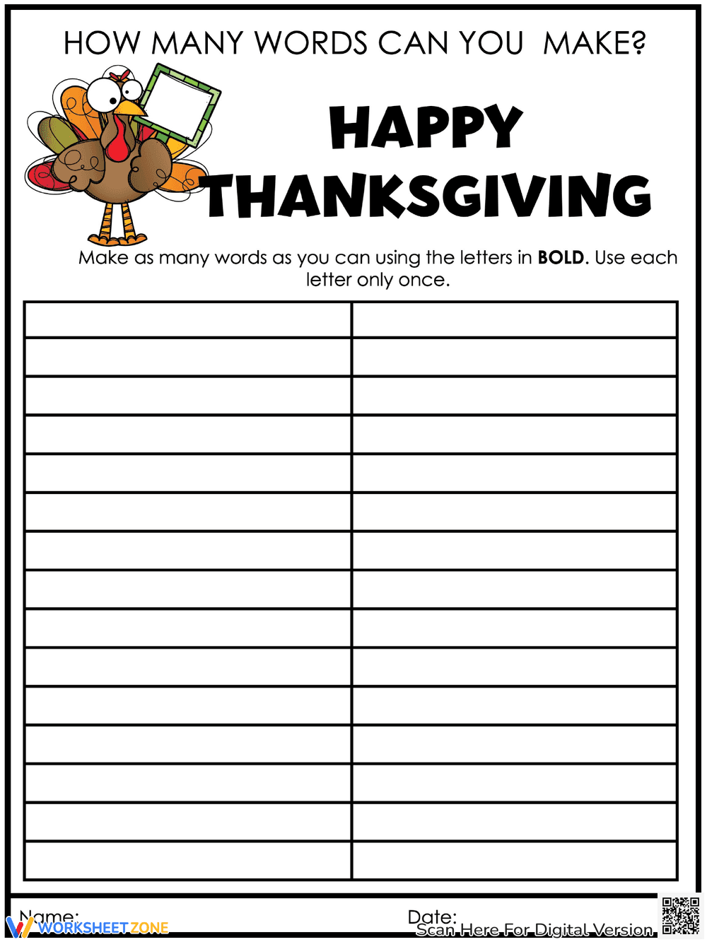 Happy Thanksgiving Word Scramble for Holiday Fun - Page 1