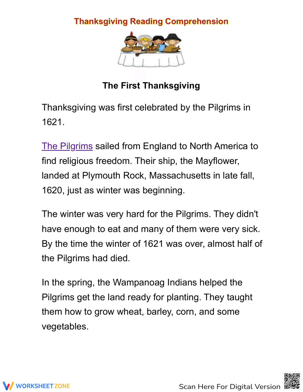 The First Thanksgiving: An Informative Reading Passage - Page 1