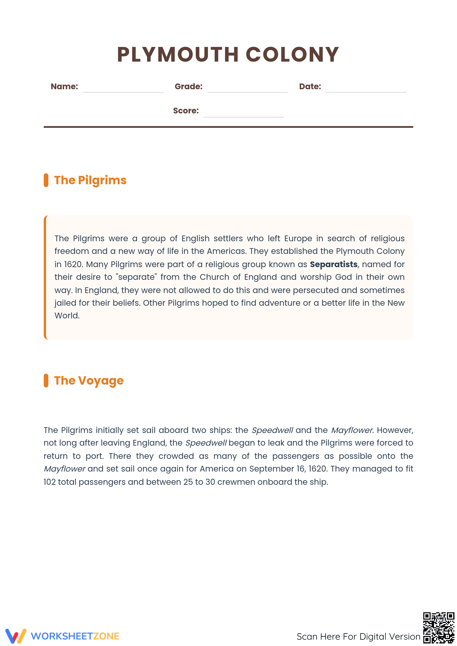 Plymouth Colony Reading Comprehension | Essential Grade 8-9 - Page 1