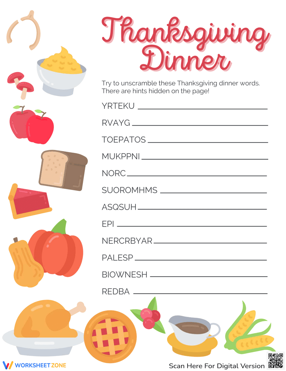 Thanksgiving Dinner Word Scramble Challenge - Page 1