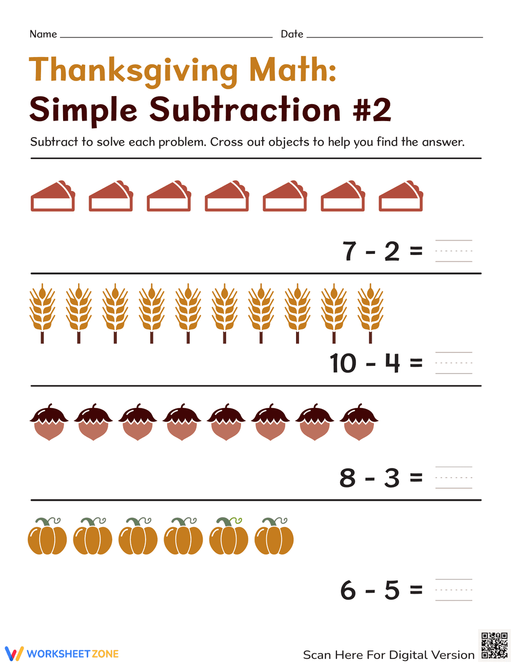 Printable Thanksgiving Subtraction Worksheet | Grade K-1 - Page 1