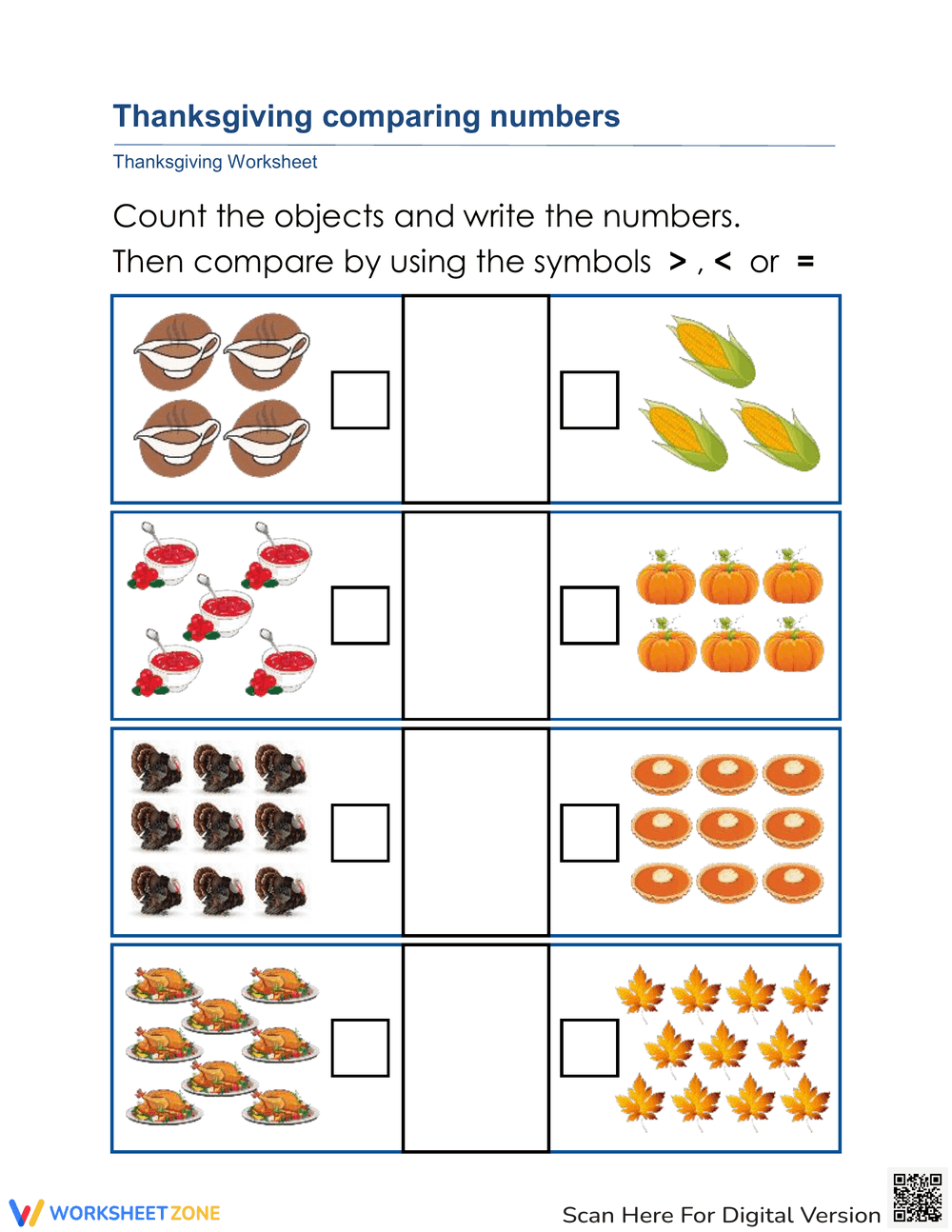 Printable Thanksgiving Comparing Numbers | Grade K-1 Math - Page 1