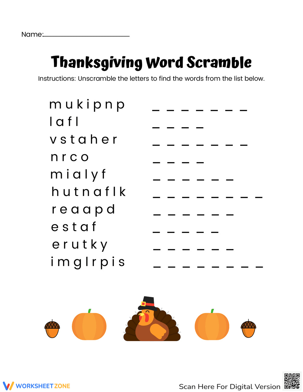 Challenging Thanksgiving Word Scramble for All - Page 1