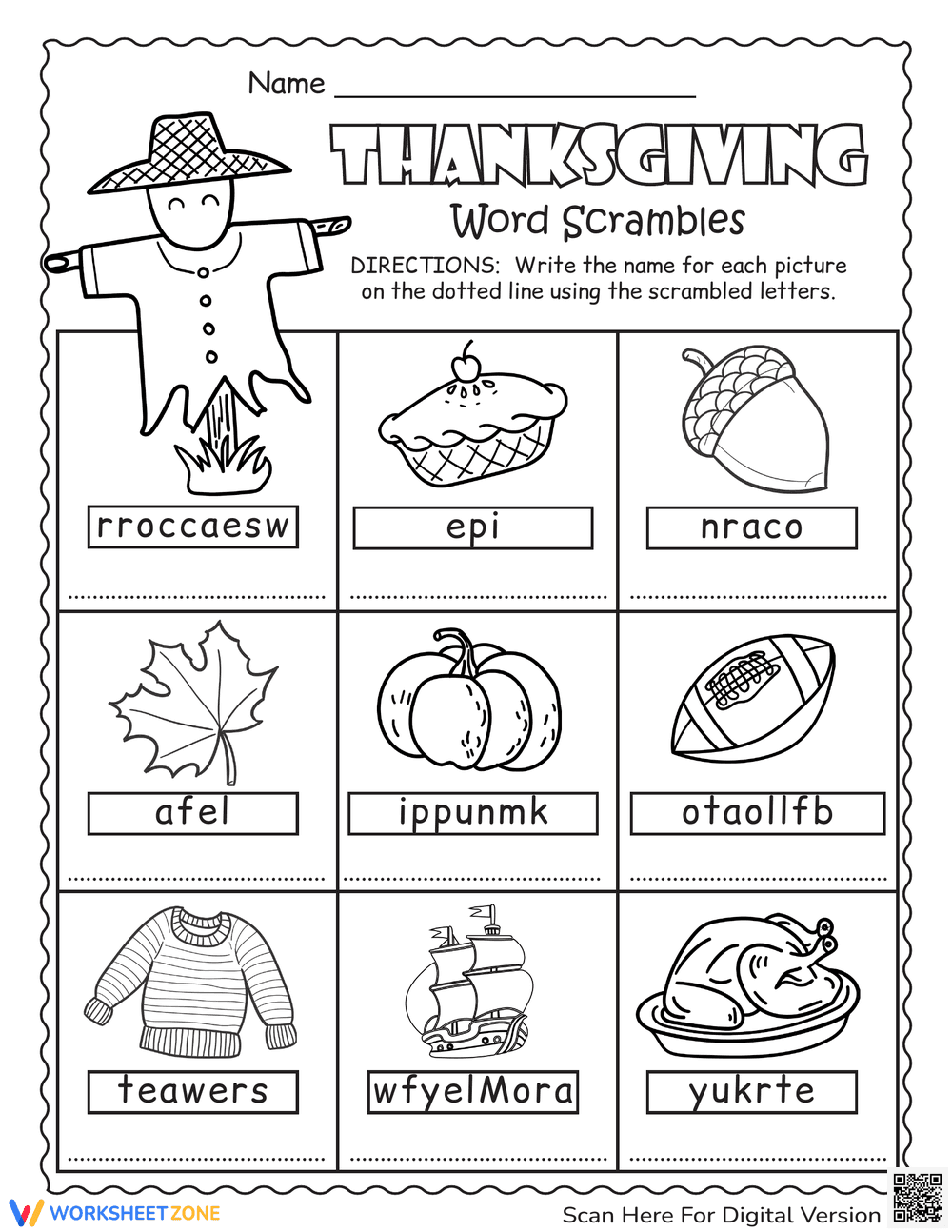 Thanksgiving Word Scramble | Essential Grade 1-3 ELA - Page 1