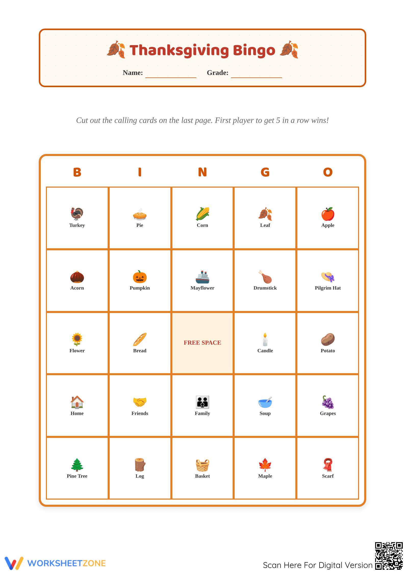 Thanksgiving Bingo Game | Grade 1-2 Essential - Page 1