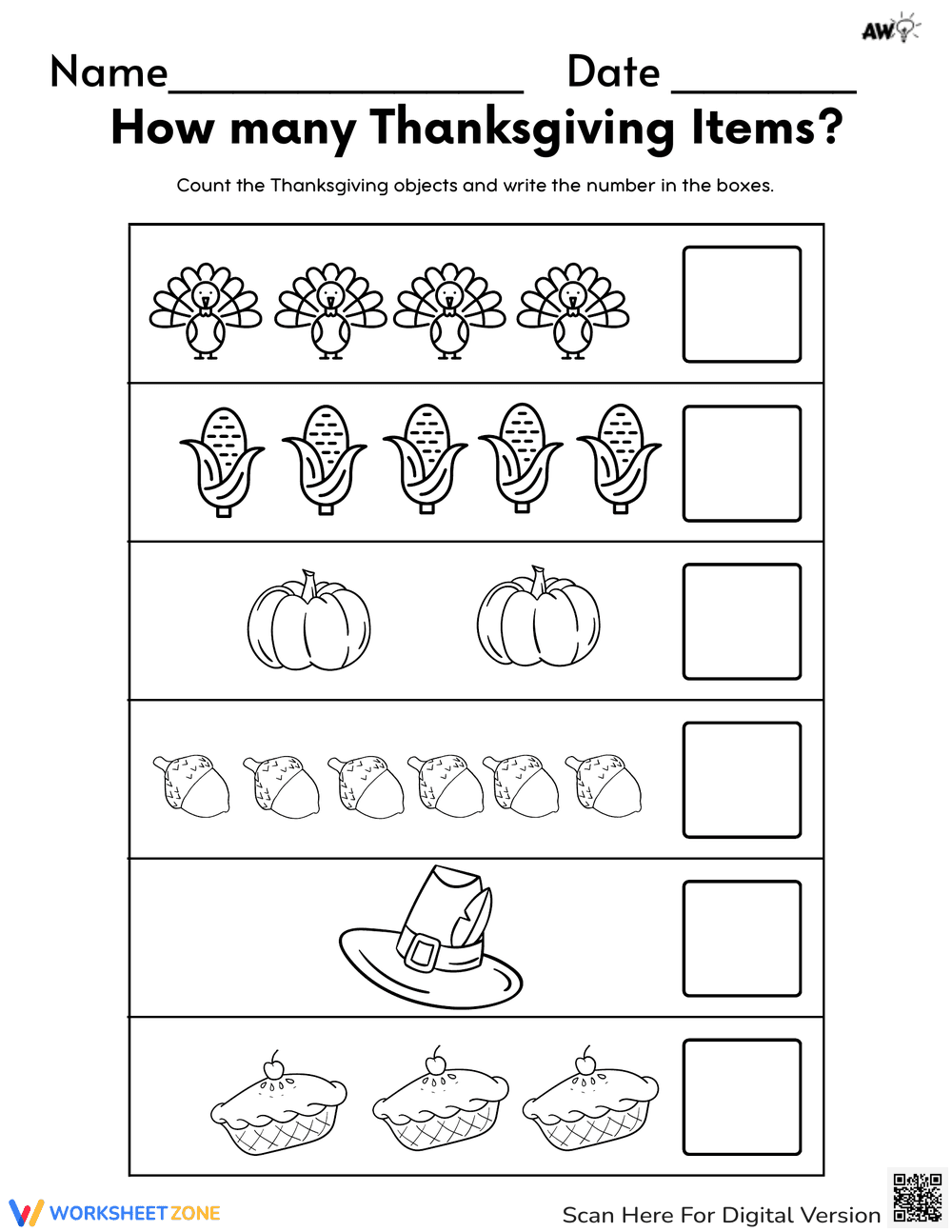 Thanksgiving Counting Worksheet: How Many Items? - Page 1