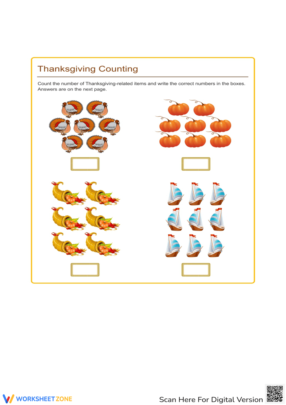 Thanksgiving Counting Worksheet | Essential Grade K-1 Math - Page 1