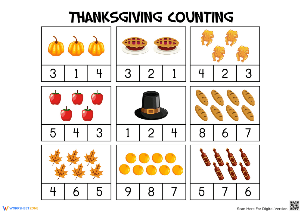 Thanksgiving Counting Worksheet: Count the Objects - Page 1