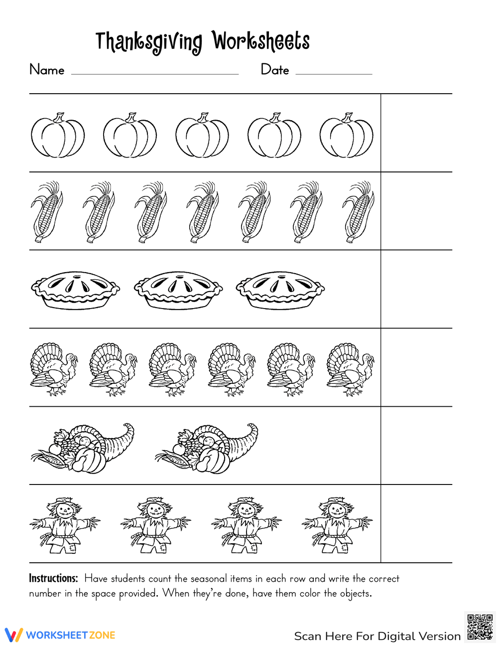 Thanksgiving Counting: Fun Math Worksheet for Kids - Page 1