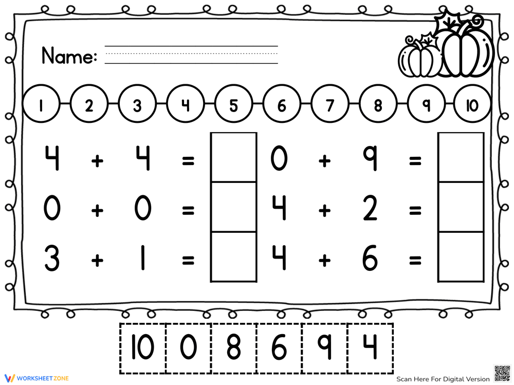 Thanksgiving Number Line Addition to 10 Worksheet - Page 1