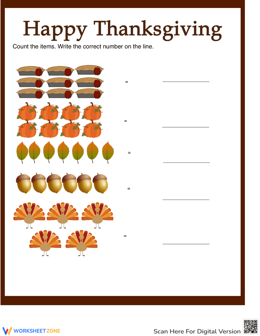Thanksgiving Counting Worksheet: Count the Items - Page 1