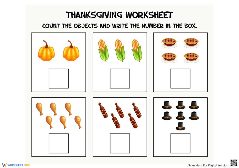 Thanksgiving Counting Worksheet: Count and Learn - Page 1