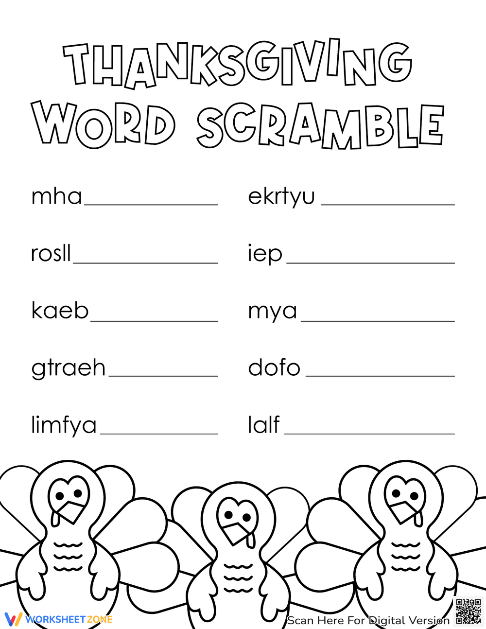Printable Thanksgiving Word Scramble: Fun Activity - Page 1