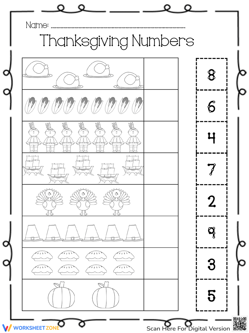 Thanksgiving Counting Numbers Worksheet: Holiday Math - Page 1
