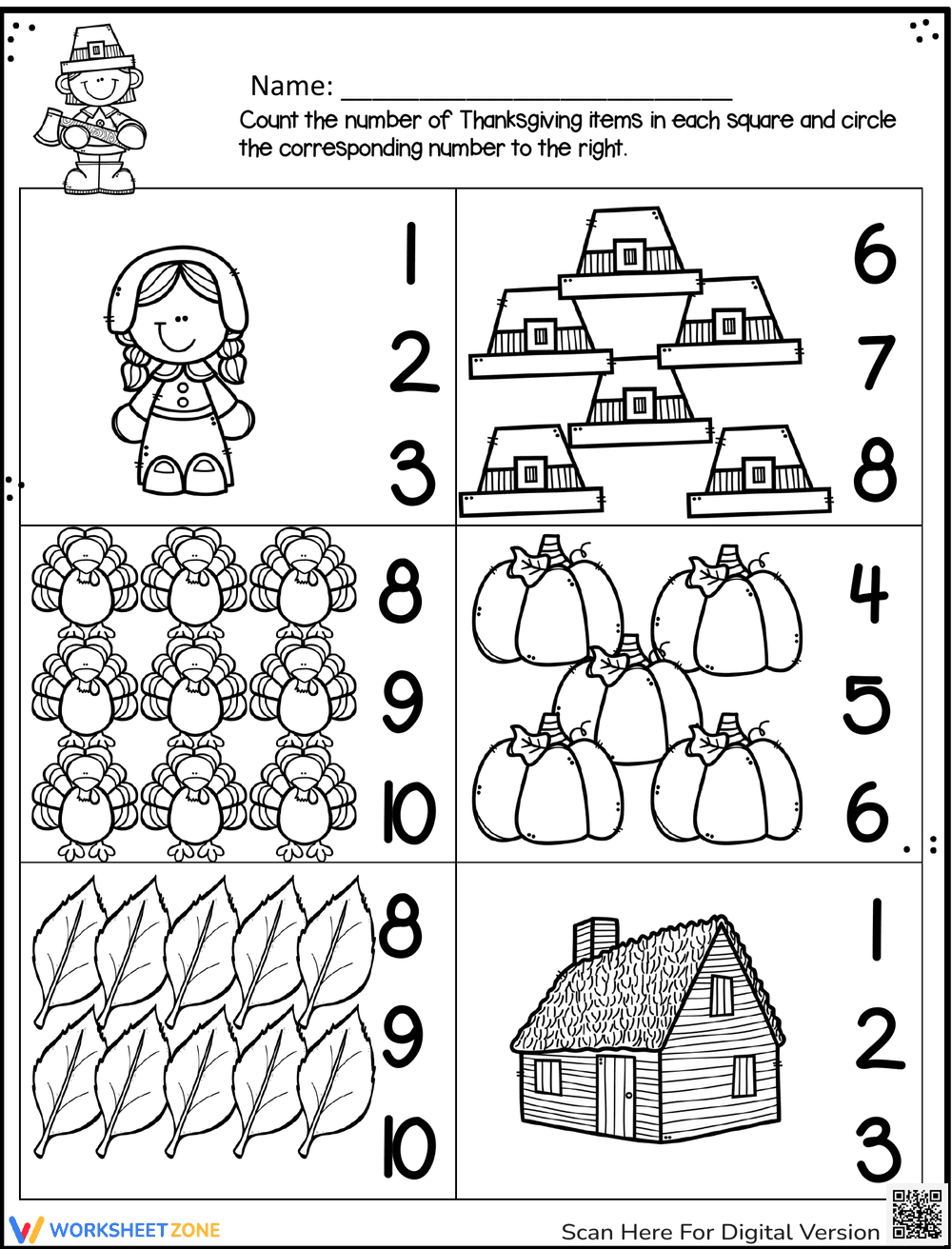 Count Thanksgiving Items: Math Practice Worksheet - Page 1