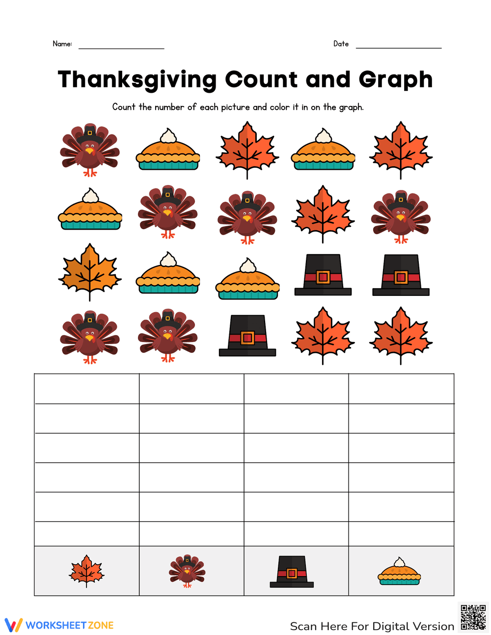 Thanksgiving Count and Graph Worksheet: Math Fun - Page 1