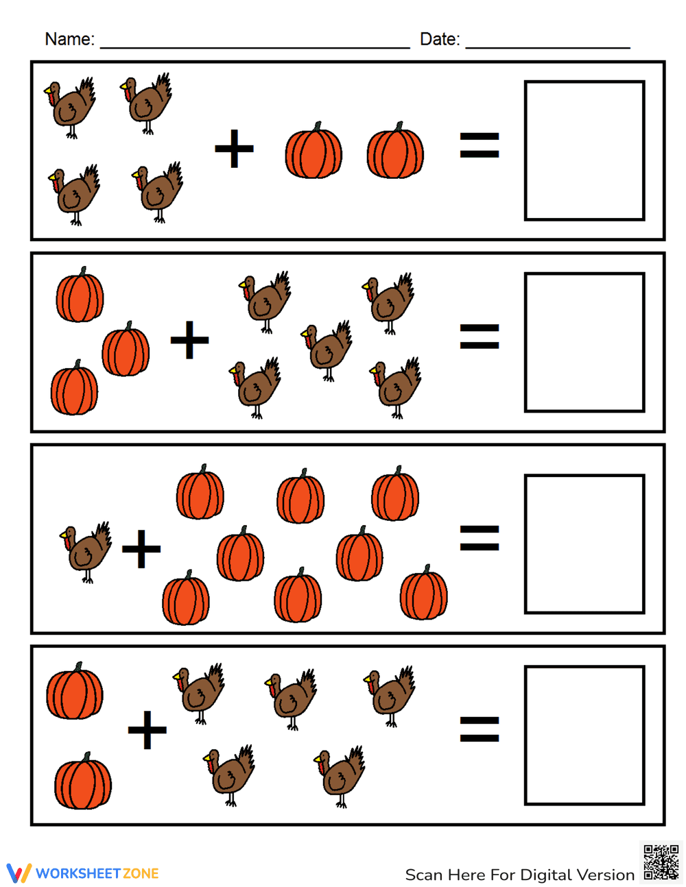 Thanksgiving Visual Addition Worksheet: Math - Page 1