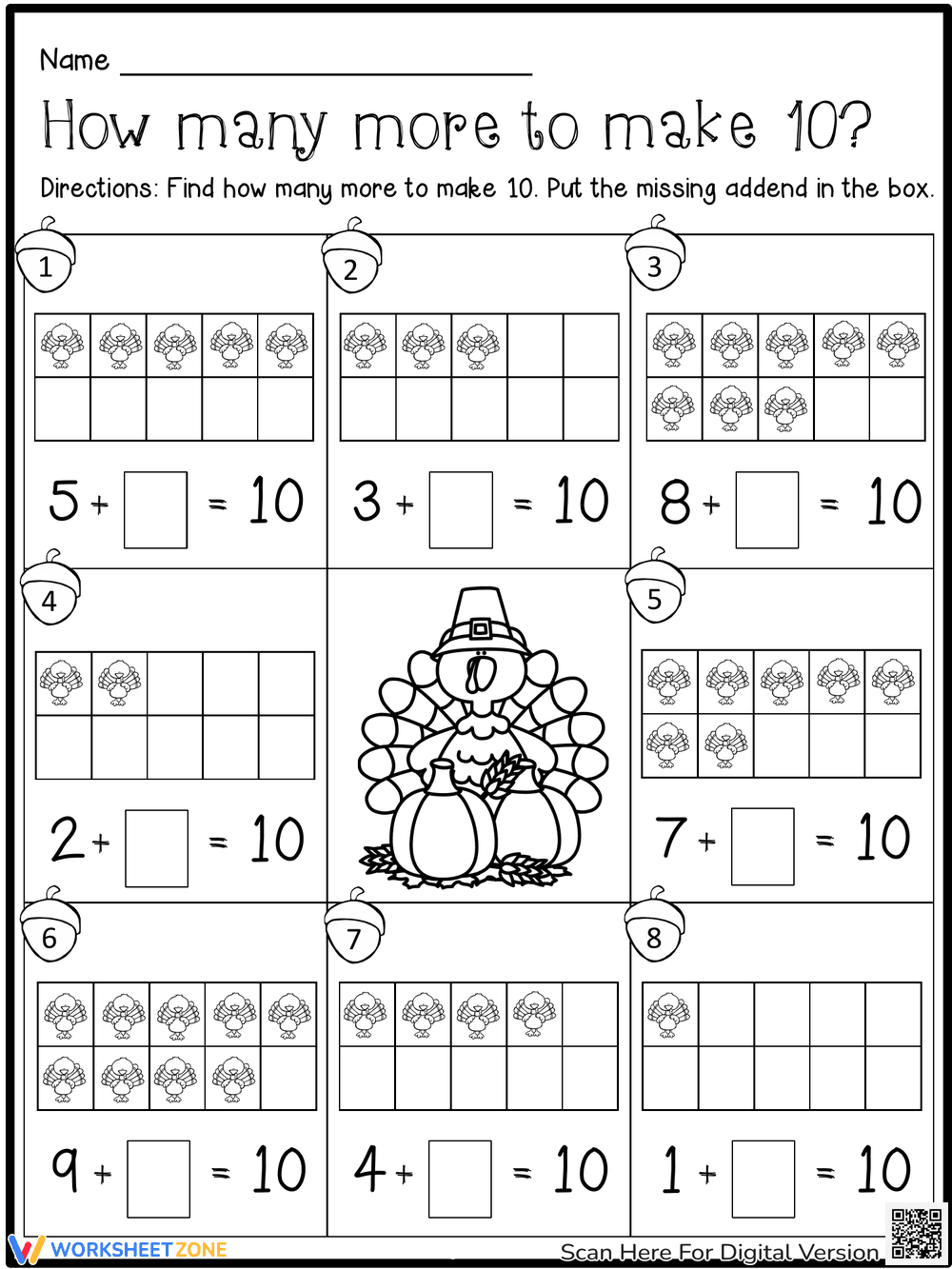 Thanksgiving Addition to 10 Worksheet - Page 1