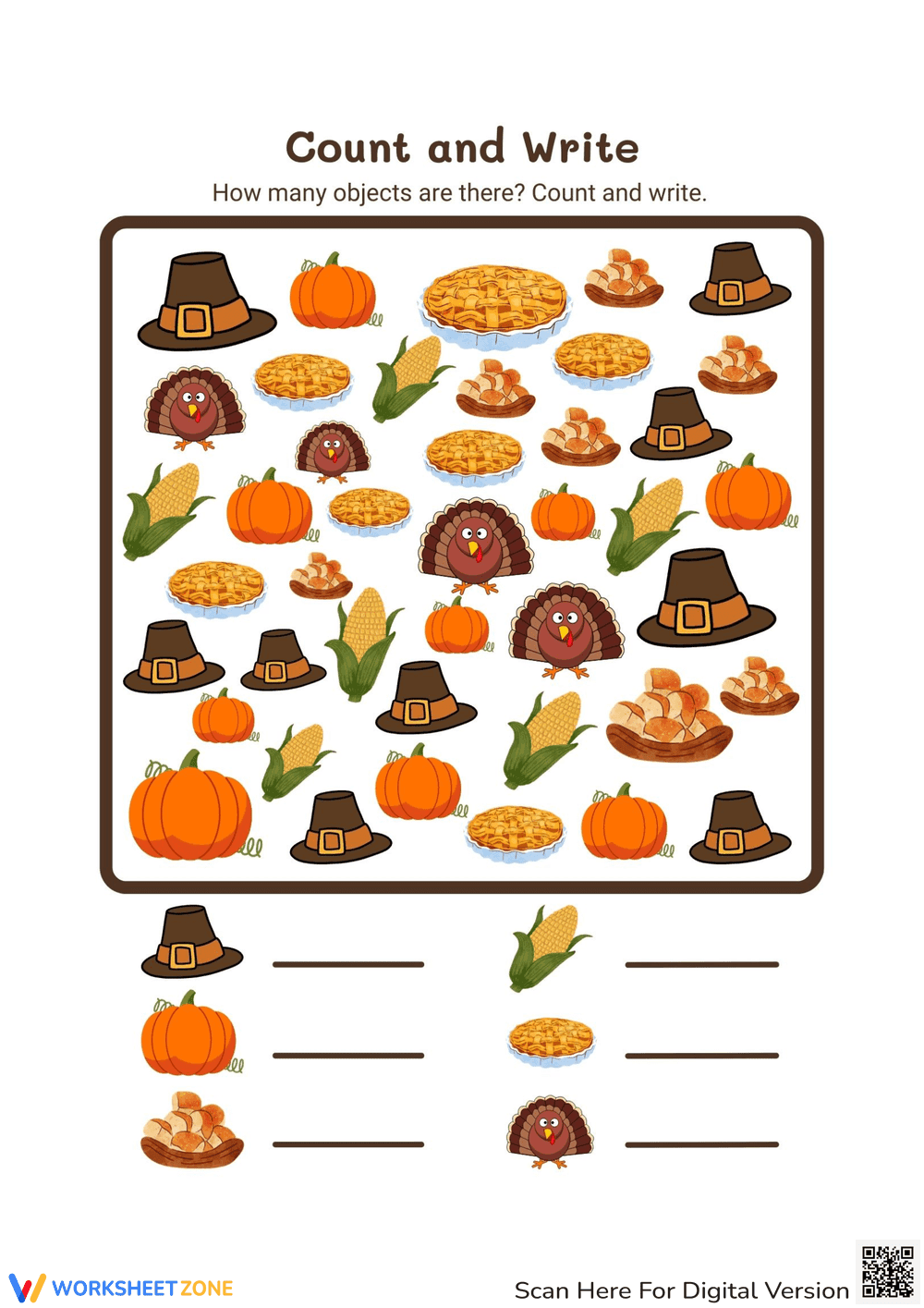 Thanksgiving Counting and Writing Worksheet - Page 1